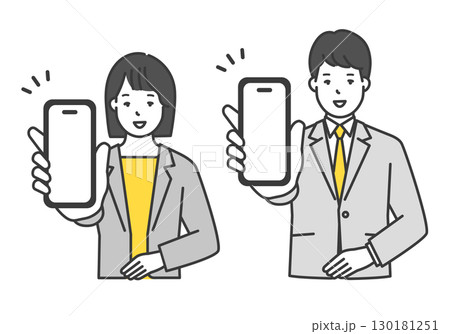 スマホ・スマートフォンを持って突き出す男女ビジネスパーソンのシンプルイメージ イラスト素材 130181251