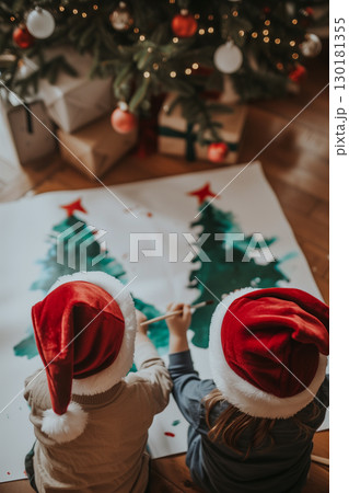 Little kids indoors at home at Christmas, painting pictures with christmas tree. 130181355