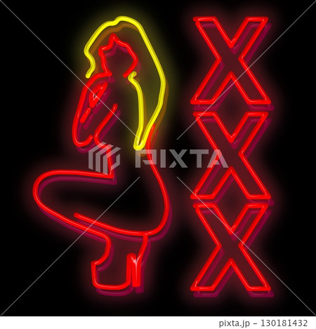 XXX glowing sign. Hot erotic showgirl neon lamp. 130181432