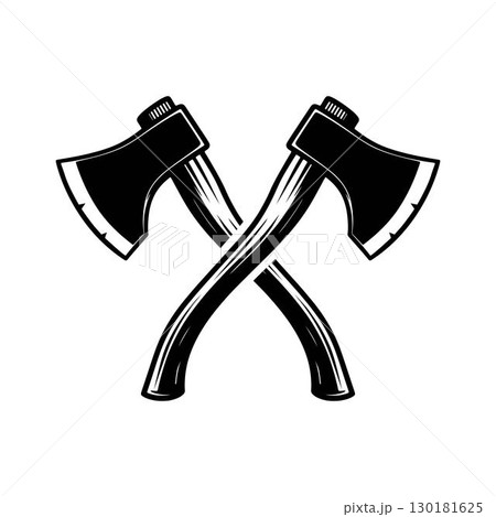 Two vintage crossed axes silhouette icon vector art forming an X shape with textured handles and sharp blades, isolated on a white background. 130181625