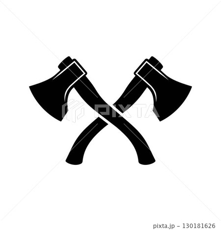 Two crossed battle-axes vector art forming an X shape in a bold black silhouette, isolated on a white background 130181626
