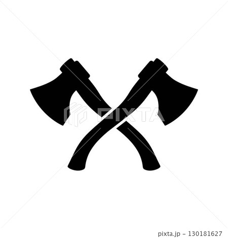 Two crossed battle-axes vector art in a bold black silhouette representing strength and history, isolated on a white background Two crossed battle-axes vector art in a bold black silhouette representing strength and history, isolated on a white background 130181627
