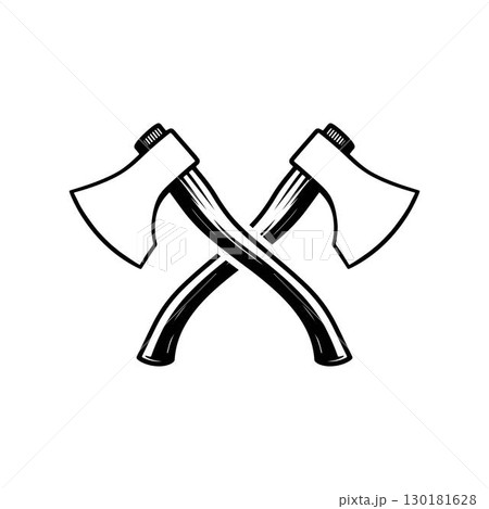 Two crossed axes vector art forming a silhouette symbol of a lumberjack or woodcutting profession, isolated on a white background 130181628