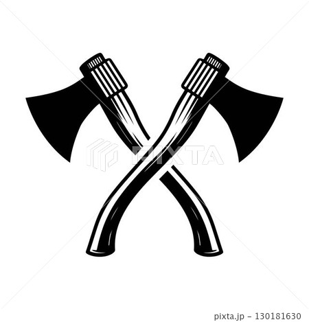 Two crossed vintage axe icon vector art heads with wooden handles forming an X shape in a striking silhouette, isolated on a white background Two crossed vintage axe icon vector art heads with wooden handles forming an X shape in a striking silhouette, isolated on a white background 130181630