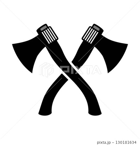 Two crossed axe heads in a bold black silhouette icon vector art, a symbol of strength and lumberjack heritage, isolated on a white background Two crossed axe heads in a bold black silhouette icon vector art, a symbol of strength and lumberjack heritage, isolated on a white background 130181634