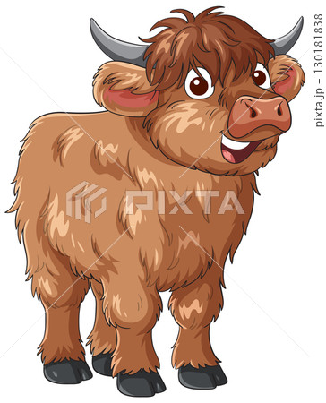 Smiling Cartoon Highland Cow Standing on White Background Smiling Cartoon Highland Cow Standing on White Background 130181838