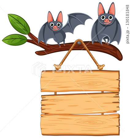 Two Cartoon Bats on Branch Above Wooden Sign 130181848