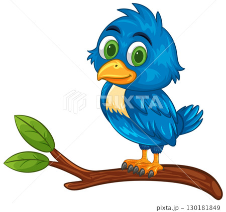 Cartoon Blue Bird Perched on Tree Branch Cartoon Blue Bird Perched on Tree Branch 130181849