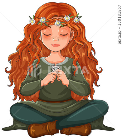 Red-Haired Girl Meditating in Traditional Green Dress 130181857