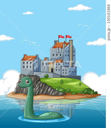Loch Ness Monster by Scottish Castle on Lake Island 130181868