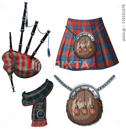 Traditional Scottish Bagpipes, Kilt, Scarf, and Sporran Illustration 130181876