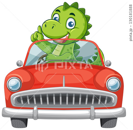 Cartoon Dinosaur Driving Classic Red Convertible Car 130181888