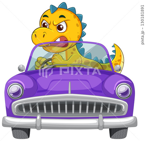 Angry Cartoon Dinosaur Driving Classic Purple Car 130181891
