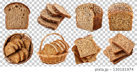 Multigrain bread bun loaf slice on transparent cutout, PNG file. Many assorted different angles, stack, basket, pile, slice. Mockup template for artwork 130181974