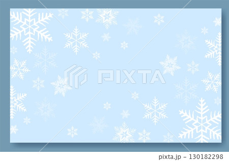 Delicate snowflakes are illustrated in various sizes on a soft blue backdrop. This design evokes a peaceful winter vibe, perfect for Christmas themes or holiday decorations 130182298
