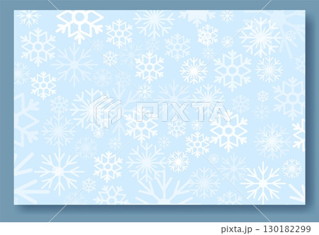 This vector illustration presents a charming winter background filled with various snowflakes against a soothing light blue backdrop, ideal for Christmas and holiday designs 130182299