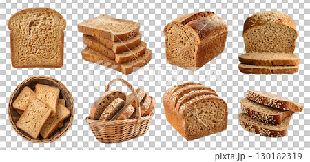 Whole wheat grain wholemeal bread bun loaf slice on transparent cutout, PNG file. Many assorted different angles, stack, basket, pile. Mockup template for artwork 130182319