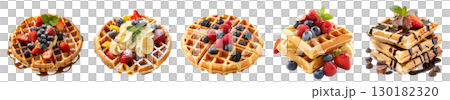 Collection of waffle batter, banana, strawberry, chocolate maple honey syrup, whipped cream, raspberry, fruits on transparent cutout, PNG file. Many different flavour. Mockup template 130182320