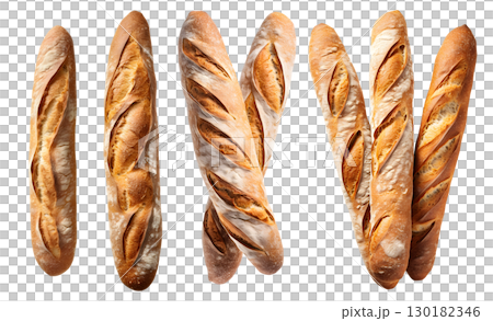 Baguette French bread, top view on transparent background cutout, PNG file. Many assorted different design angles. Mockup template for artwork 130182346