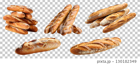 Baguette French bread, group stack tower front side view on transparent background cutout, PNG file. Many assorted different design angles. Mockup template 130182349