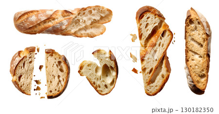 Baguette French bread, sliced torn broken piece top view on transparent background cutout, PNG file. Many assorted different design angles. Mockup template 130182350