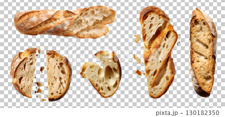 Baguette French bread, sliced torn broken piece top view on transparent background cutout, PNG file. Many assorted different design angles. Mockup template 130182350