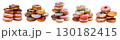 Pile group stack tower of round donut doughnut, with sprinkles nuts topping frosting on transparent background cutout, PNG file. Many assorted different. Mockup template 130182415