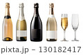 Set of champagne wine bottle with blank label and wine glass filled and empty on transparent background cutout, PNG file. Mockup template for artwork graphic 130182417