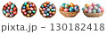 Top and Side view of Collection set of basket of colourful hand painted decorated easter eggs on transparent background cutout, PNG file. Many different design. Mockup template for artwork 130182418