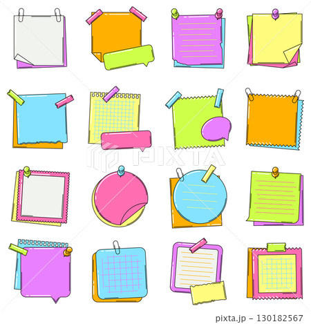 Paper notes set. Stickers with pins and adhesive tapes. Frames or backgrounds for reminder. 130182567
