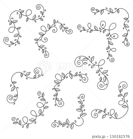 Set of floral curl corners. Decorative nature elements with leaves. 130182576