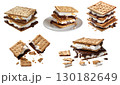 S'more s'mores smores, toasted marshmallow, melted chocolate, graham crackers biscuit dessert on transparent cutout PNG. Many assorted different angles, stack, broken, pile. Mockup template for design 130182649