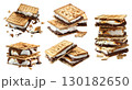 S'more s'mores smores, toasted marshmallow, melted chocolate, graham crackers biscuit dessert on transparent cutout PNG. Many assorted different angles, stack, broken, pile. Mockup template 130182650