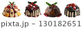 Christmas festive round pudding custard cake with frosting topping of pinecone, berries, cinnamon, holly, decorations on transparent PNG. Many different flavour. Mockup template for artwork design 130182651