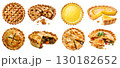 Collection of 4 classic tradition pie tart tartlet. Lattice apple, lemon, Meat beef chicken pot on transparent background cutout PNG file. Mockup template 130182652