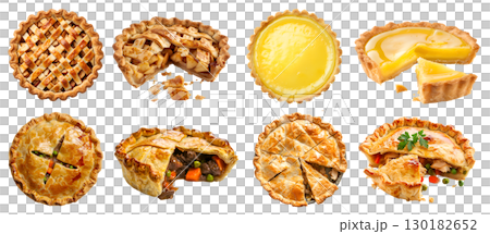 Collection of 4 classic tradition pie tart tartlet. Lattice apple, lemon, Meat beef chicken pot on transparent background cutout PNG file. Mockup template 130182652