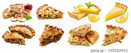 Collection of 4 classic tradition pie tart tartlet slice slices pieces. Meat beef chicken pot, lattice apple, lemon on transparent background cutout PNG file. Mockup template for artwork design Collection of 4 classic tradition pie tart tartlet slice slices pieces. Meat beef chicken pot, lattice apple, lemon on transparent background cutout PNG file. Mockup template for artwork design 130182653