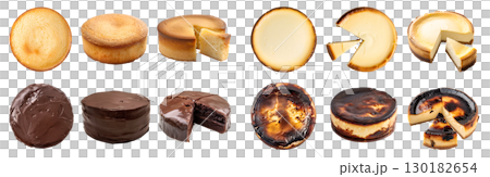 Collection of 4 whole cake pastry dessert set. Burnt Basque and classic Cheesecake, Chocolate fudge, Sponge chiffon butter on transparent background cutout PNG file. Mockup template 130182654