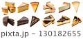 Collection of 4 cake pastry dessert set in slices. Burnt Basque and classic Cheesecake, Chocolate fudge, Sponge chiffon butter on transparent cutout PNG file. Mockup template for artwork 130182655