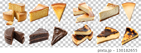 Collection of 4 cake pastry dessert set in slices. Burnt Basque and classic Cheesecake, Chocolate fudge, Sponge chiffon butter on transparent cutout PNG file. Mockup template for artwork 130182655