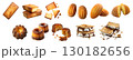 Collection of 4 little cake pastry dessert set. French Financier almond, Madeleine Sponge Canele, S'more smores on transparent background cutout PNG file. Mockup template for artwork 130182656