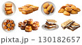 Collection of 4 set plate pile of little cake pastry dessert. French Financier almond, Madeleine Sponge, Canele, S'more smores on transparent cutout PNG file. Mockup template for artwork design 130182657
