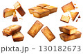 French Financier almond little cake pastry dessert on transparent cutout, PNG file. Many assorted different angles, stack, broken, pile. Mockup template for artwork design 130182673