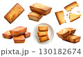 French Financier almond little cake pastry dessert on transparent cutout, PNG file. Many assorted different angles, stack, broken, pile. Mockup template for artwork 130182674