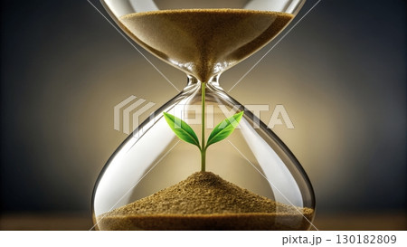 Growth and time represented by a seedling emerging from an hourglass in an artistic display 130182809