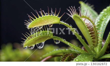 Close-up view of a Venus flytrap plant displaying water droplets on its leaves in a natural setting 130182872