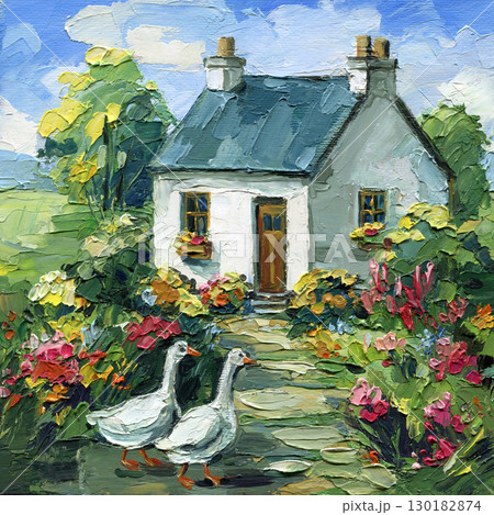 white cottage with geese in flower garden impasto oil painting countryside landscape textured canvas rural summer wall art decor white cottage with geese in flower garden impasto oil painting countryside landscape textured canvas rural summer wall art decor 130182874