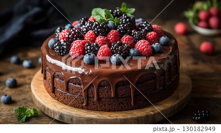 Decadent Chocolate Cake Topped With Fresh Assorted Berries 130182949