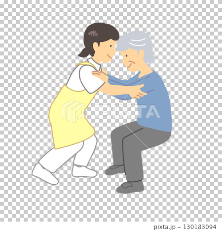 A caregiver assisting an elderly person to stand up 130183094