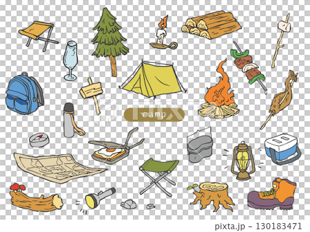 露營設備素描風格彩色插圖 130183471